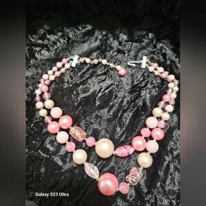 Chic Pink Beaded Necklace. Vintage Signed Western Germany. 18 Inch Has Extender